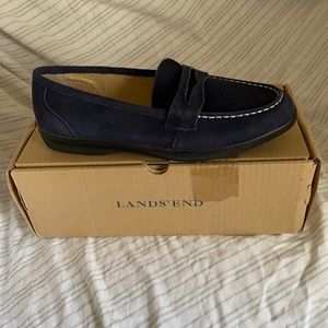 Brand new Lands End Lakewood suede loafer in navy blue.